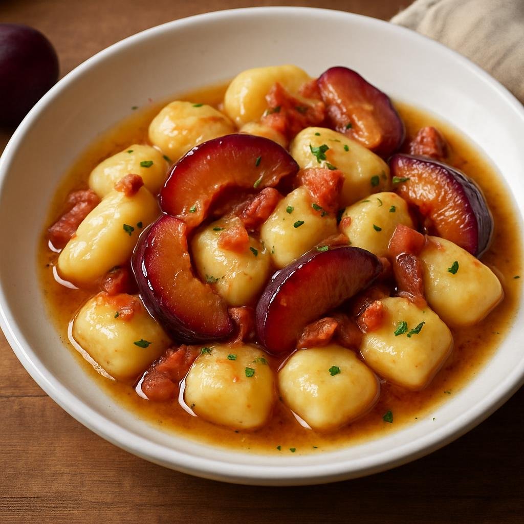 Entree: Italy – Friuli-Venezia Giulia – Gnocchi di Susine (Potato gnocchi served with a savory-sweet fresh plum and pancetta butter sauce) recipe