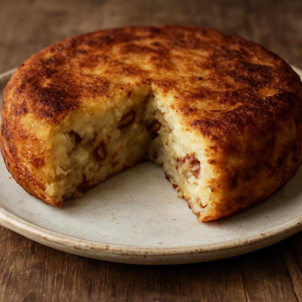 Entree: Chile – Southern Chile – Milcao (A dense Chilote potato cake made from a mixture of grated raw and mashed cooked potatoes, often containing pork cracklings and baked or fried) recipe