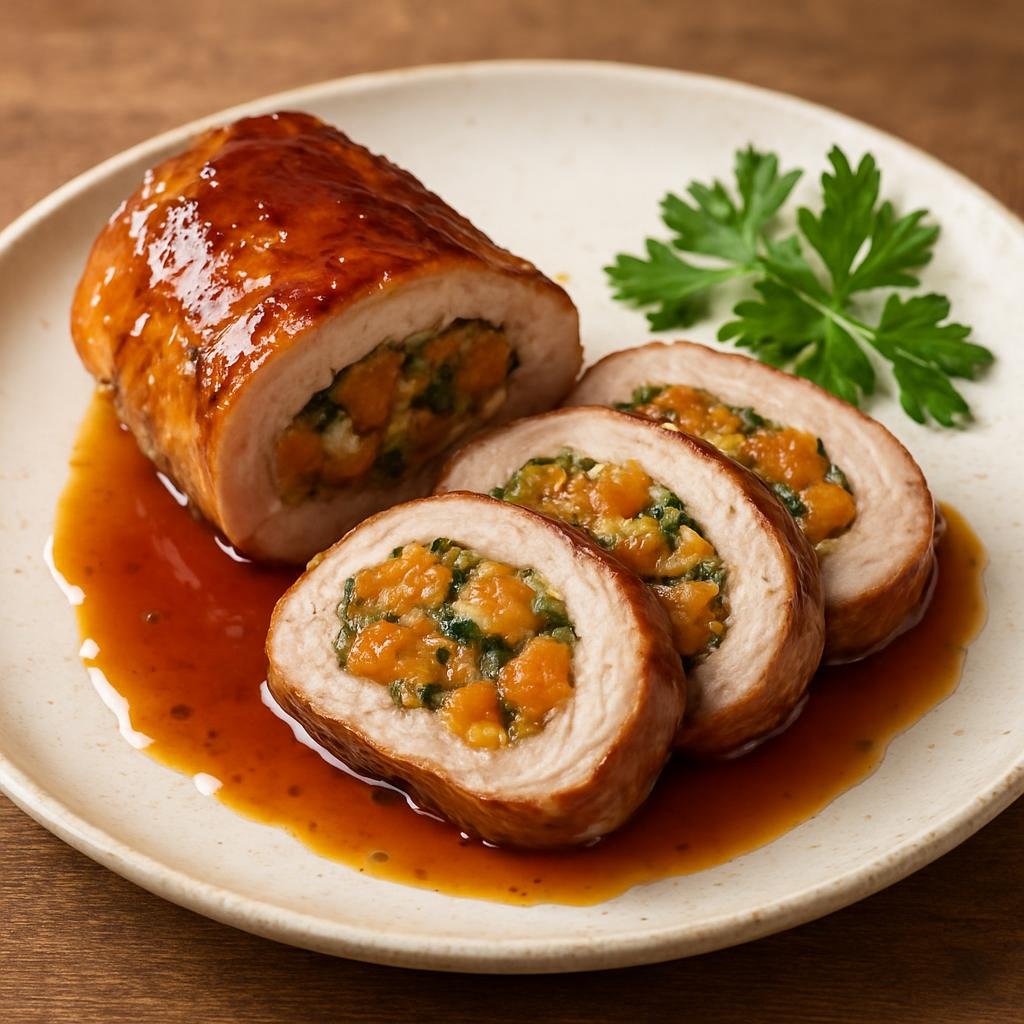 Entree: United States – California Wine Country – Stuffed Pork Tenderloin with Apricot Glaze (Pork tenderloin butterflied and filled with a sweet-savory apricot and herb stuffing, roasted and finished with a wine-apricot glaze) recipe