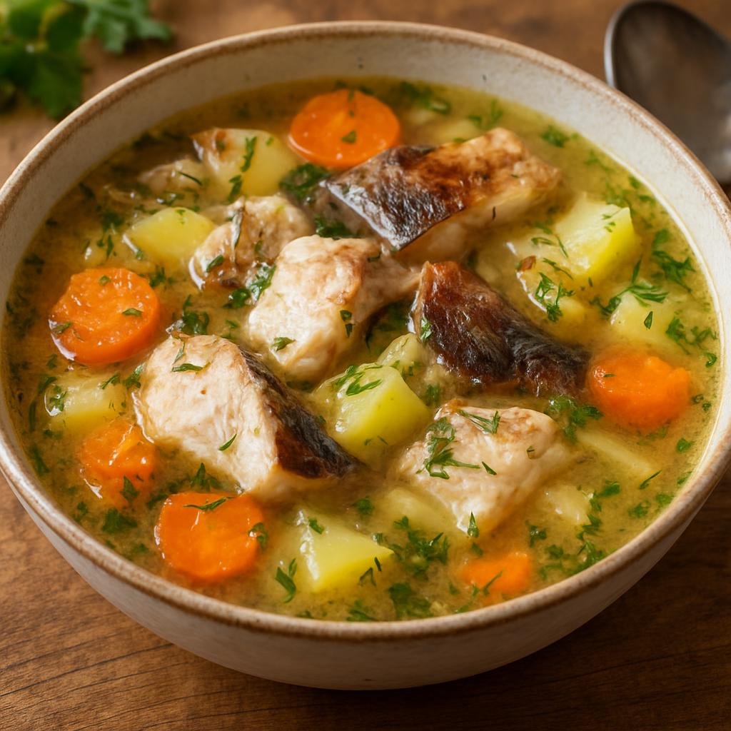 Entree: Poland – Pomerania – Kaszubska Zupa Rybna (Traditional Kashubian fish soup from Pomerania featuring mixed white and smoked fish with root vegetables and herbs) recipe