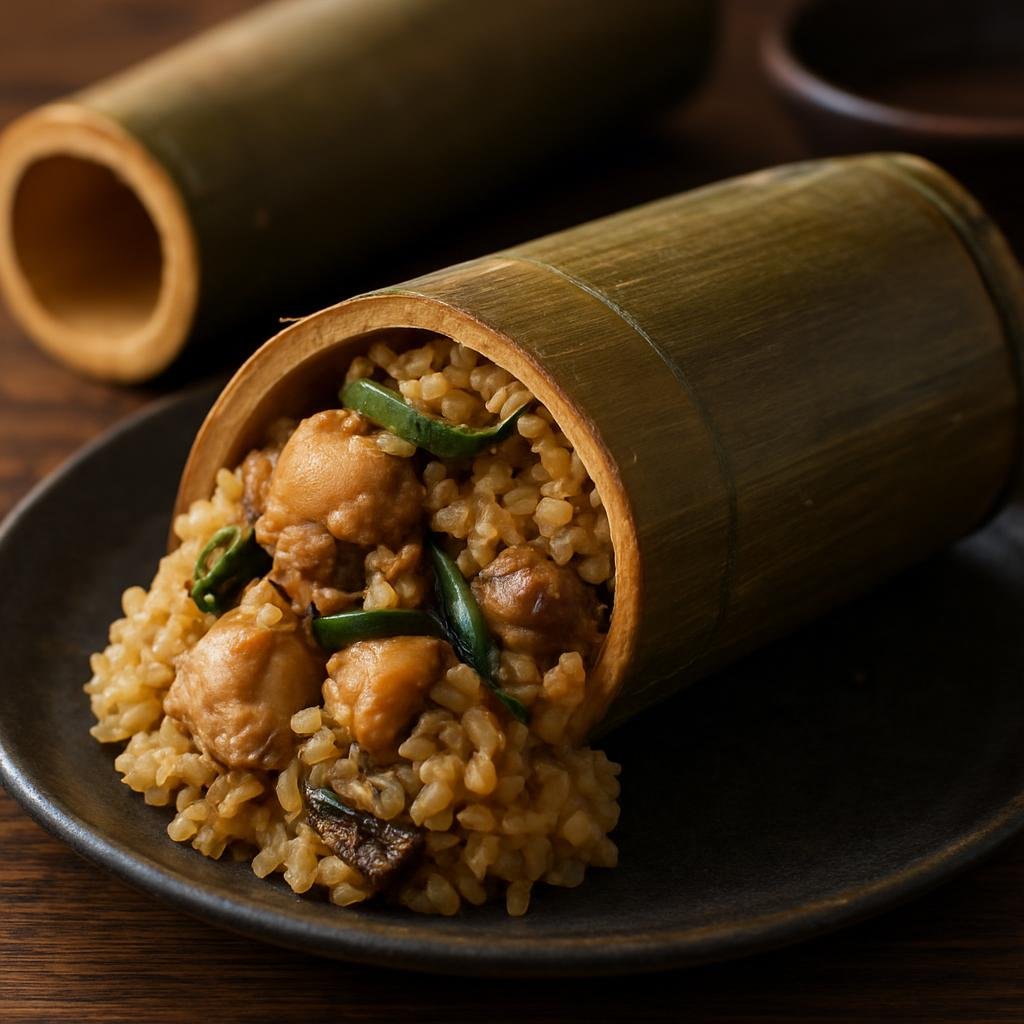 Entree: China – Guangxi – 壮族竹筒鸡 ➤ Zhuàngzú zhútǒng jī (Chicken and rice steamed inside a bamboo tube with aromatics and regional spices) recipe