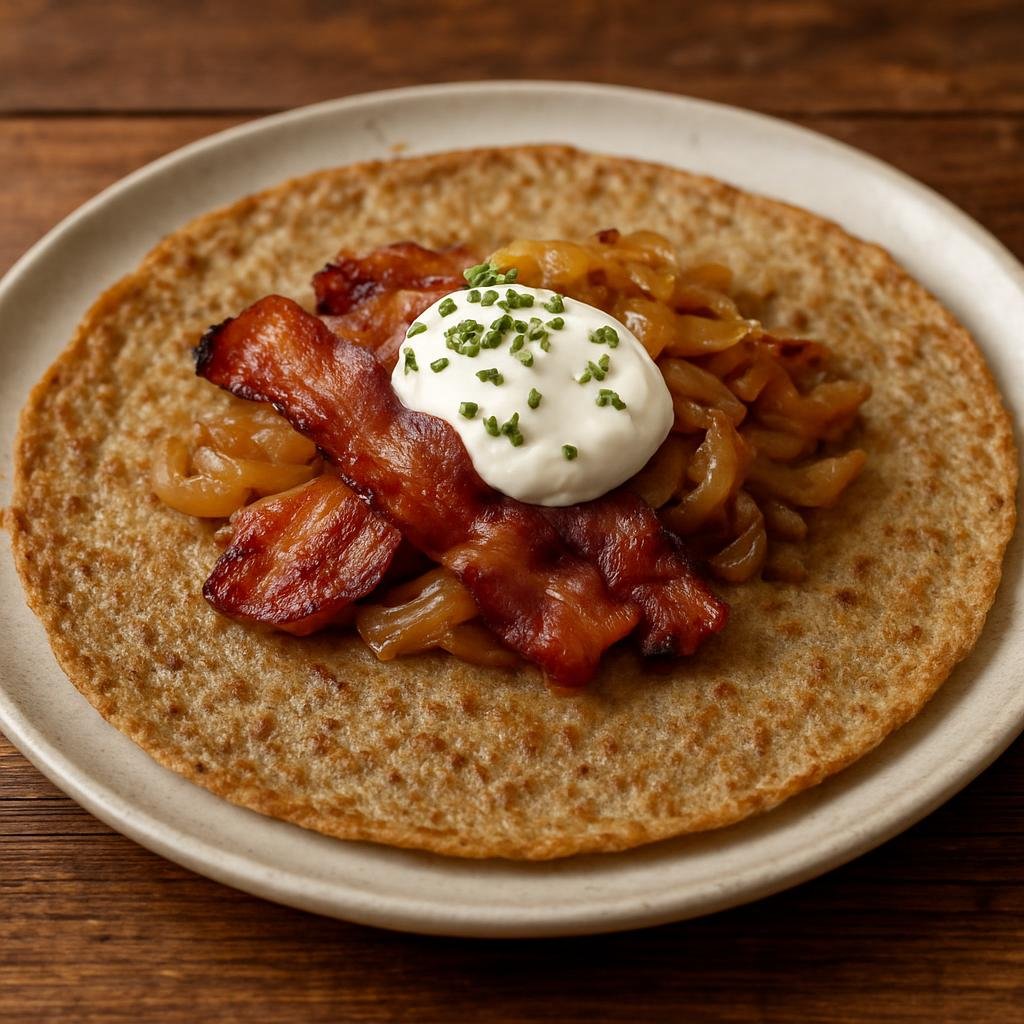 Entree: Germany – Lower Saxony – Buchweizenpfannkuchen (Savory buckwheat pancakes typically served hot with savory toppings such as bacon, onions, and sour cream) recipe