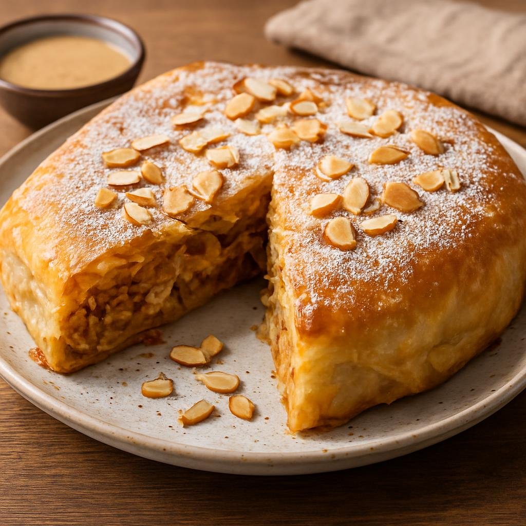 Entree: Morocco – Rif Mountains – بسطيلة ➤ Bastīla (Sweet-and-savory layered chicken and almond pie wrapped in thin pastry) recipe