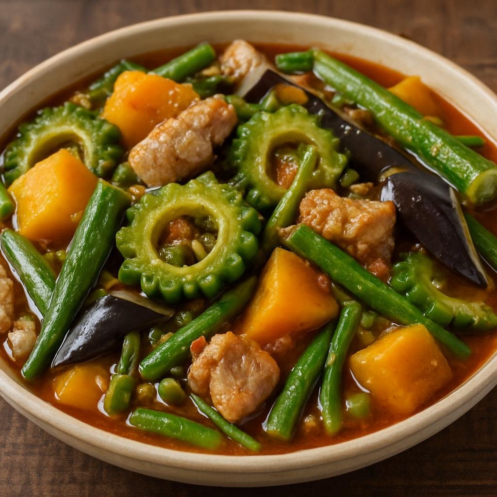 Entree: Philippines – Tagalog / Manila – Pinakbet (A Filipino vegetable stew simmered with fermented shrimp paste and often pork, featuring bitter melon, squash, eggplant, okra and long beans) recipe
