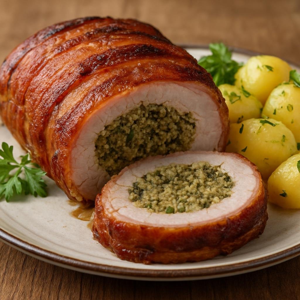 Entree: Poland – Pomerania – Kaszubska Pieczeń (Kashubian seasoned pork roast wrapped in bacon with a herb- and breadcrumb-based stuffing) recipe