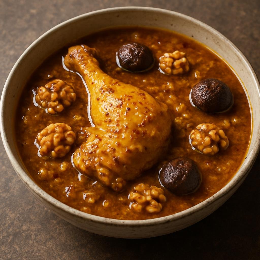 Entree: Iran – Mazandaran – آغوزه مسما ➤ Aghouze-Messeama (Mazandarani walnut and chicken stew braised with saffron, dried lime, and sour-sweet seasonings) recipe