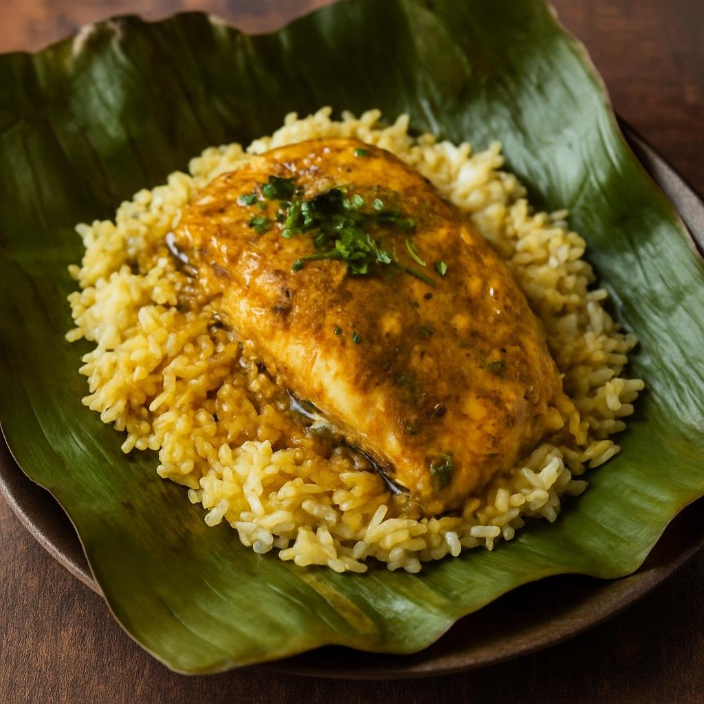 Entree: Malaysia – Sabah – Linopot (Banana-leaf steamed rice and fish parcel flavored with Sabah aromatics) recipe