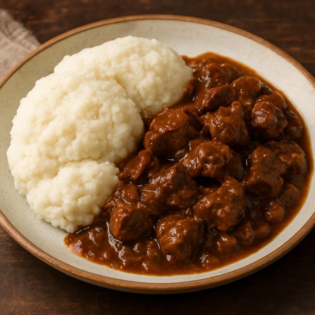 Entree: South Africa – Xhosa Cuisine – Umvubo (Steamed fermented maize dumplings served with a hearty braised beef and onion gravy) recipe