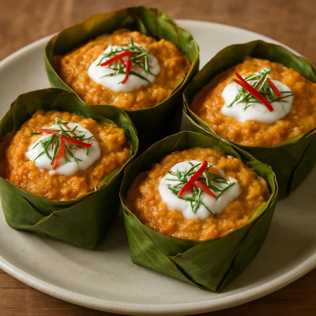 Entree: Thailand – Southern Thailand – ห่อหมกปลา ➤ Ho Mok Pla (Steamed curried fish custard cooked in banana leaf) recipe