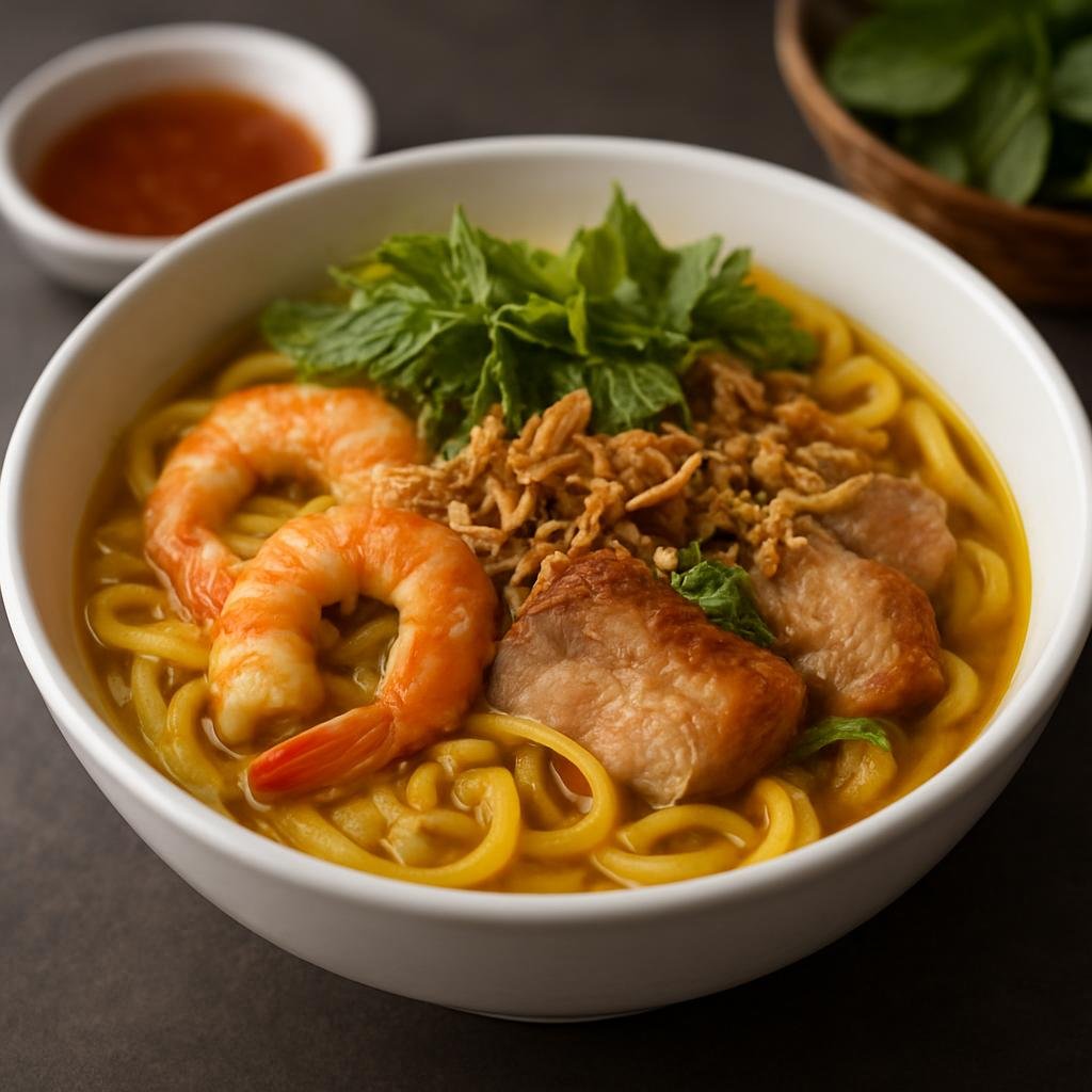 Entree: Vietnam – Saigon / Ho Chi Minh City – Mì Quảng (Central Vietnamese turmeric rice noodle bowl with a small amount of savory broth, pork, shrimp, herbs, and crunchy toppings) recipe