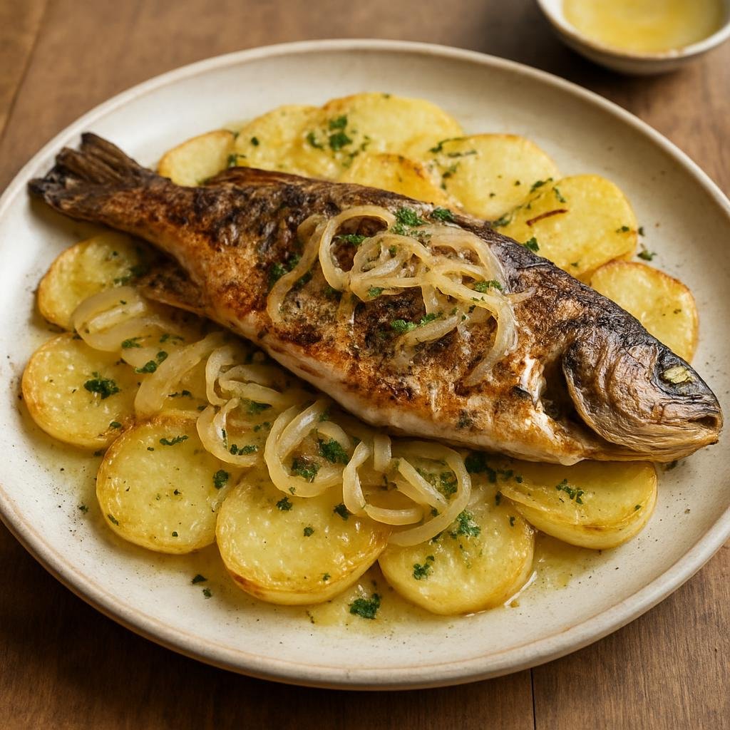 Entree: Chile – Southern Chile – Cancato (Southern Chilean butterflied and grilled fish served over thin potato slices with onions, butter, and local seasonings) recipe