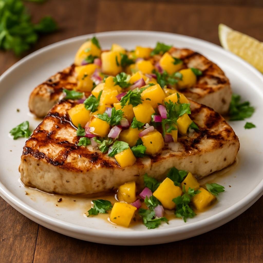 Entree: United States – California Wine Country – Grilled Swordfish with Mango Salsa (Char-grilled swordfish steaks topped with a fresh mango, onion, and cilantro salsa) recipe