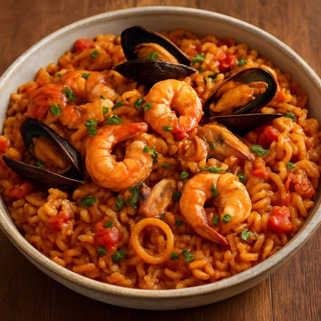 Entree: Brazil – Espirito Santo – Arroz com Mariscos (Brazilian coastal seafood rice cooked with tomatoes, onions and regional seasonings) recipe