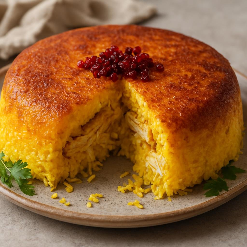 Entree: Iran – Mazandaran – ته چین ➤ Tahchin (Baked Persian saffron rice cake layered with yogurt, egg and often chicken, forming a crisp golden crust) recipe