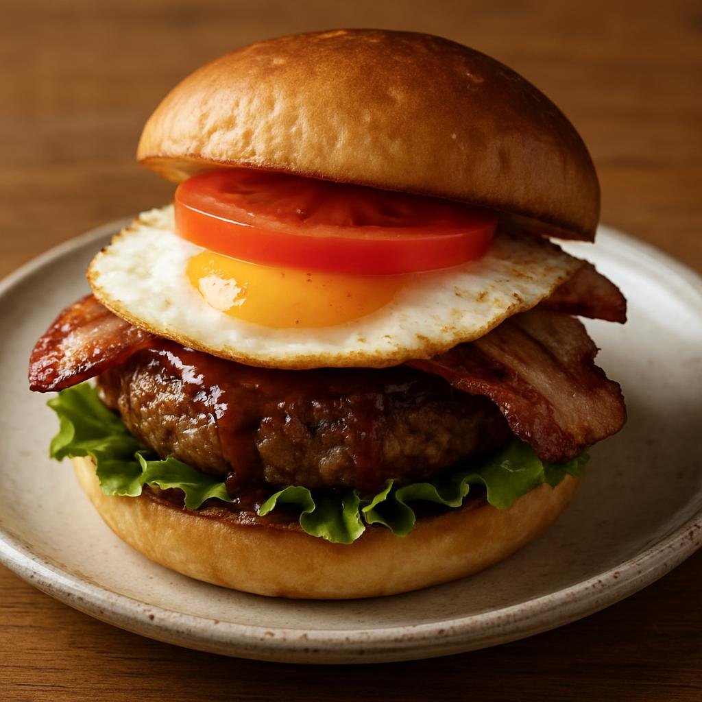 Entree: Japan – Kyushu – 佐世保バーガー ➤ Sasebo Bāgā (Thick grilled Japanese-style hamburger with local sauces, bacon, egg, and vegetables) recipe