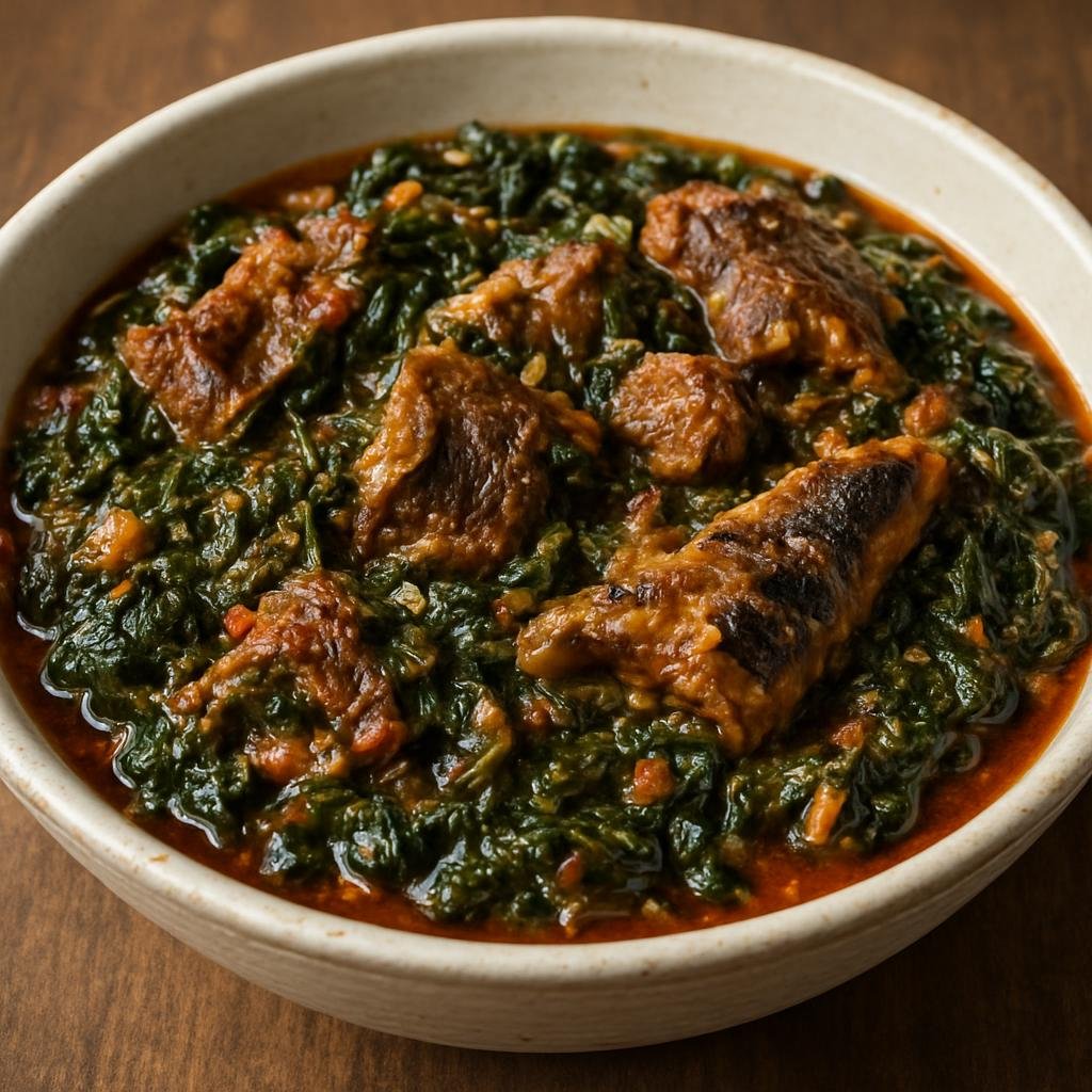 Entree: Nigeria – Middle Belt – Efo Riro (Spicy Nigerian spinach and pepper stew cooked with meat and smoked fish) recipe