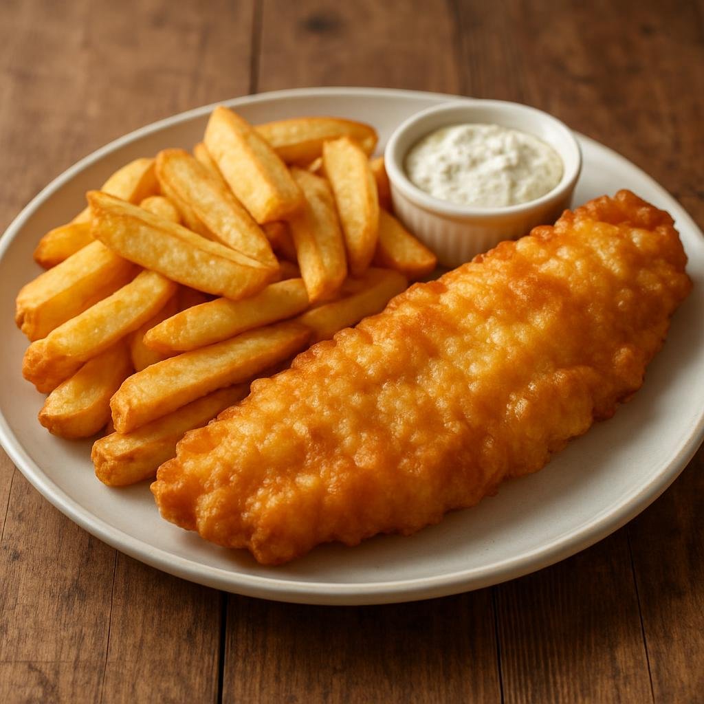 Entree: United Kingdom – Northern Ireland – Battered Cod and Chips (Beer-battered deep-fried cod served with thick-cut fried potatoes) recipe