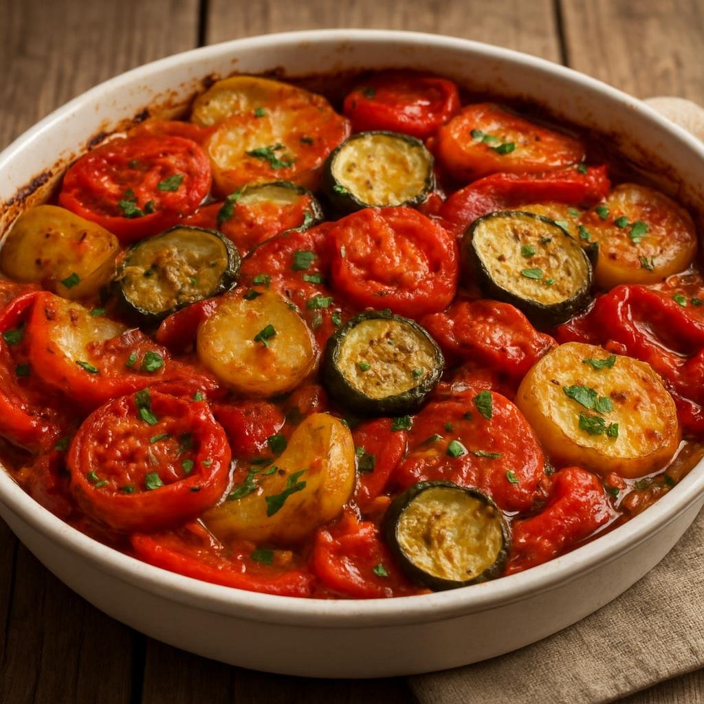 Entree: Greece – Macedonia / Northern Greece – Μπριάμ ➤ Briám (Oven-baked Mediterranean mixed vegetables in a tomato and olive oil sauce) recipe