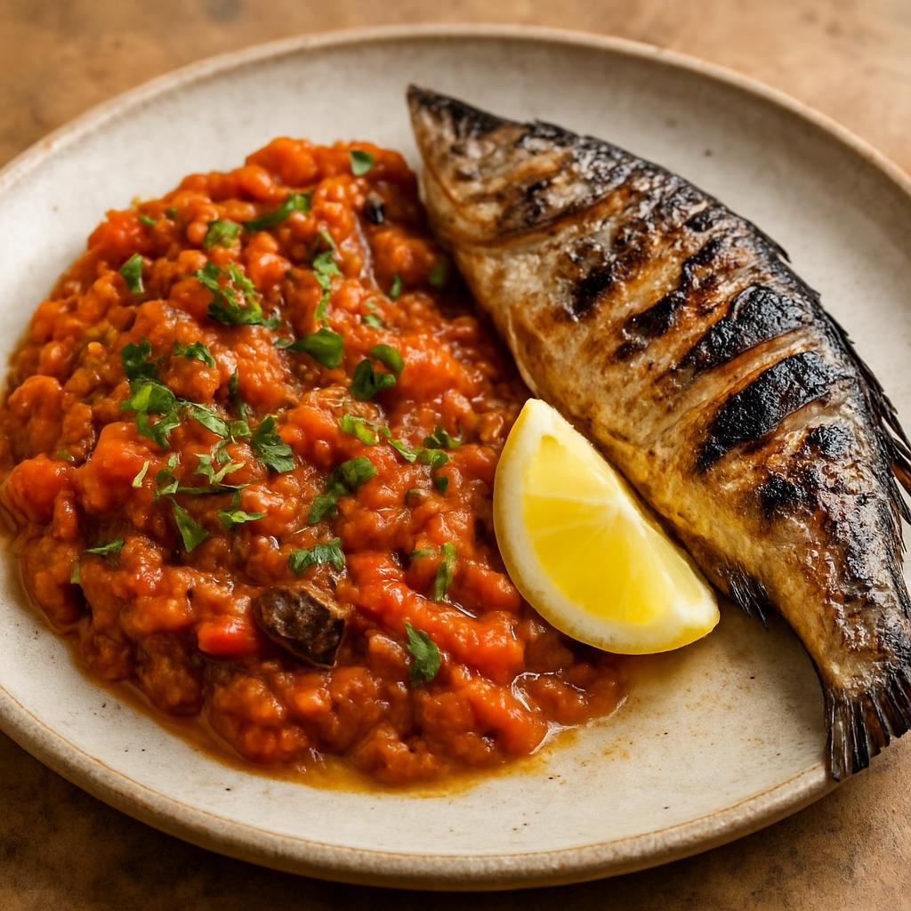 Entree: Morocco – Rif Mountains – Zaalouk with Grilled Fish (Smoky cooked eggplant and tomato salad served with charred coastal fish) recipe