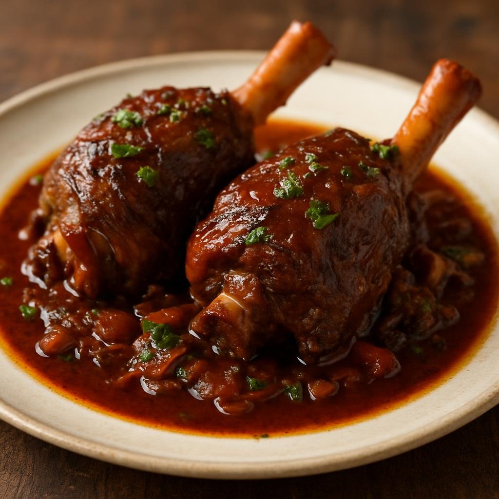 Entree: United States – California Wine Country – Zinfandel-Braised Lamb Shanks (Lamb shanks slowly braised in Zinfandel wine with aromatics until fork-tender) recipe