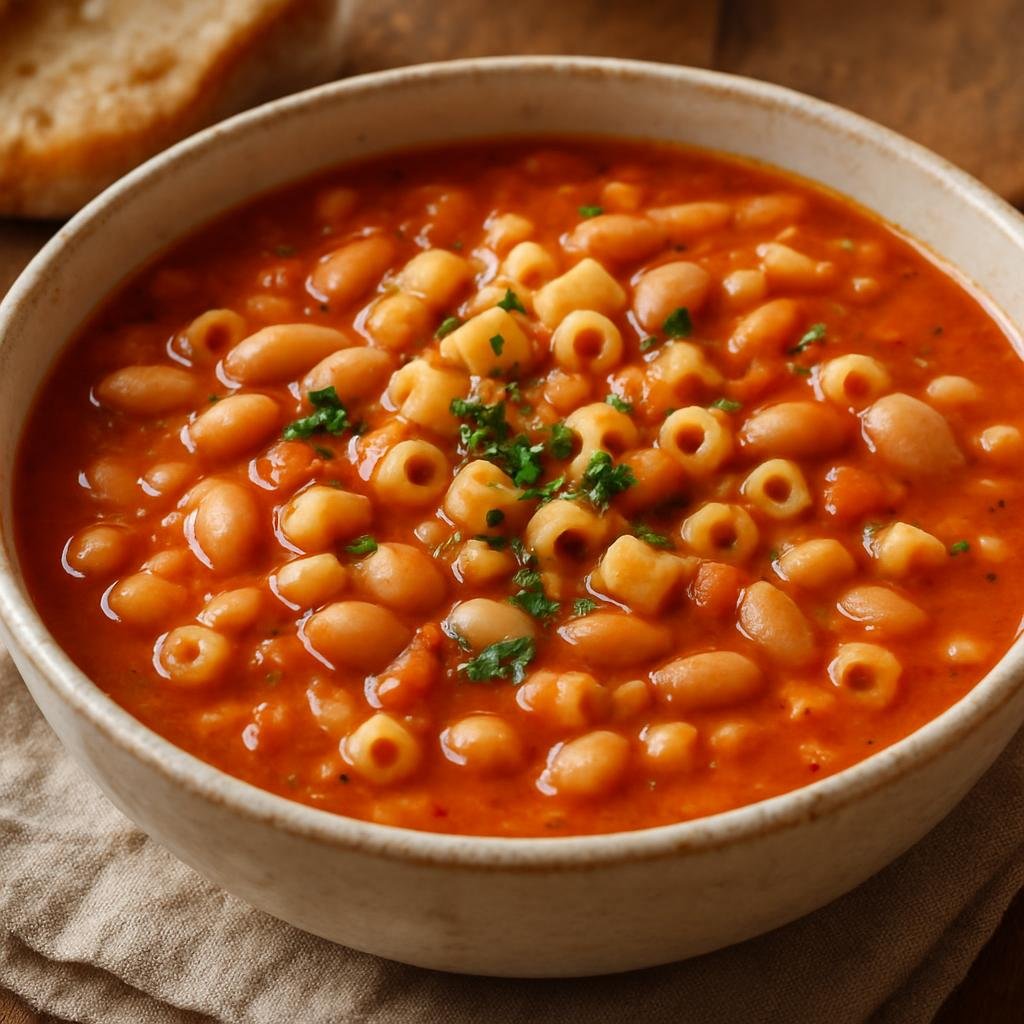 Entree: Italy – Friuli-Venezia Giulia – Pasta e Fagioli (Hearty Italian soup of pasta and beans in a savory tomato-broth) recipe
