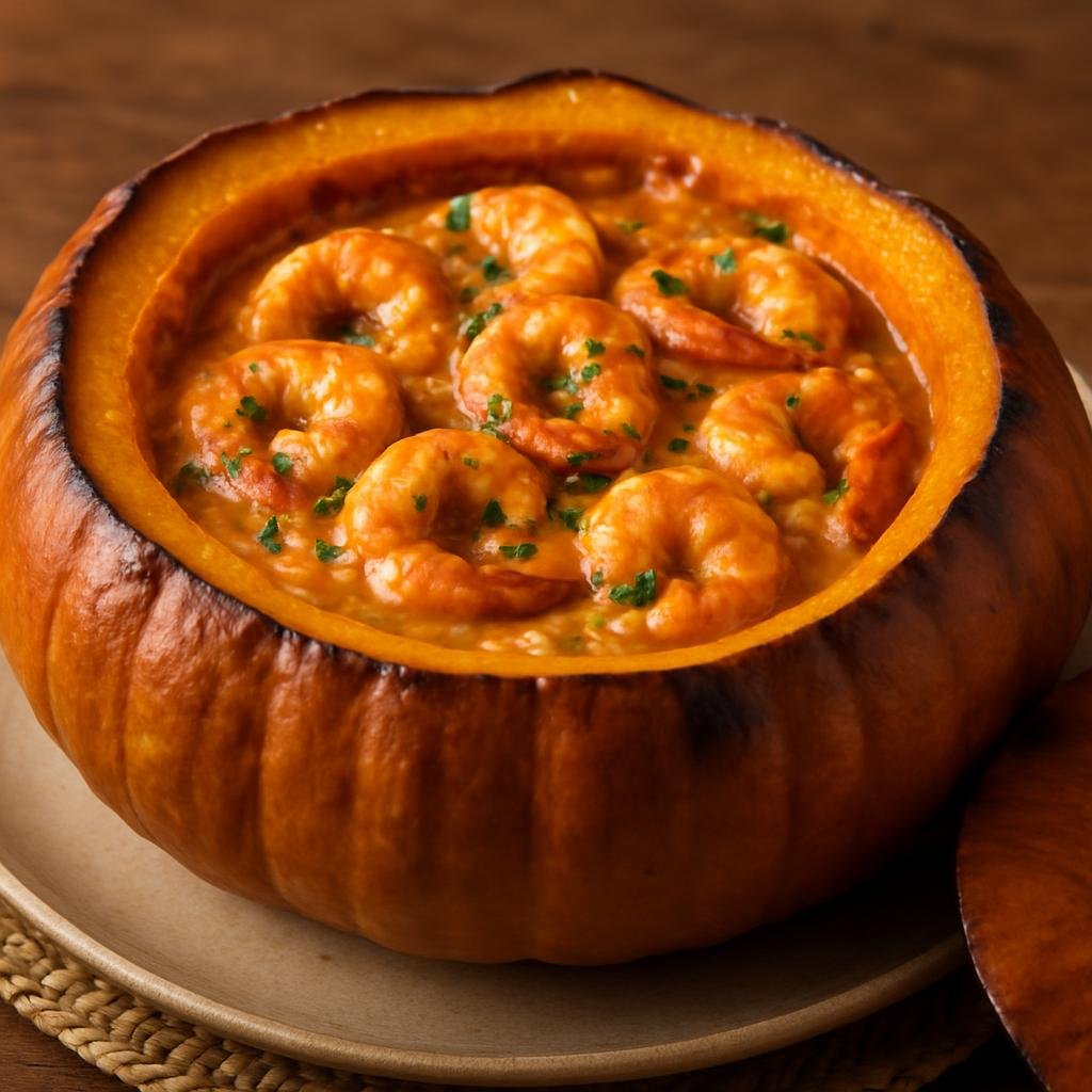 Entree: Brazil – Espirito Santo – Camarão na Moranga (Creamy shrimp cooked in a spiced tomato-cream sauce and served inside a roasted moranga pumpkin) recipe