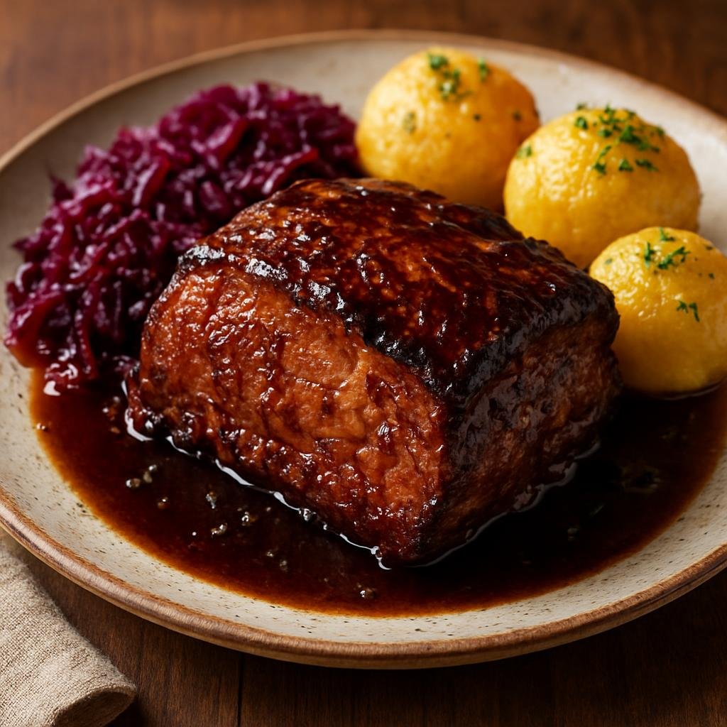 Entree: Germany – Lower Saxony – Braunschweiger Mummebraten (Traditional Braunschweig roast pork glazed and braised with Mumme malt extract and regional spices) recipe
