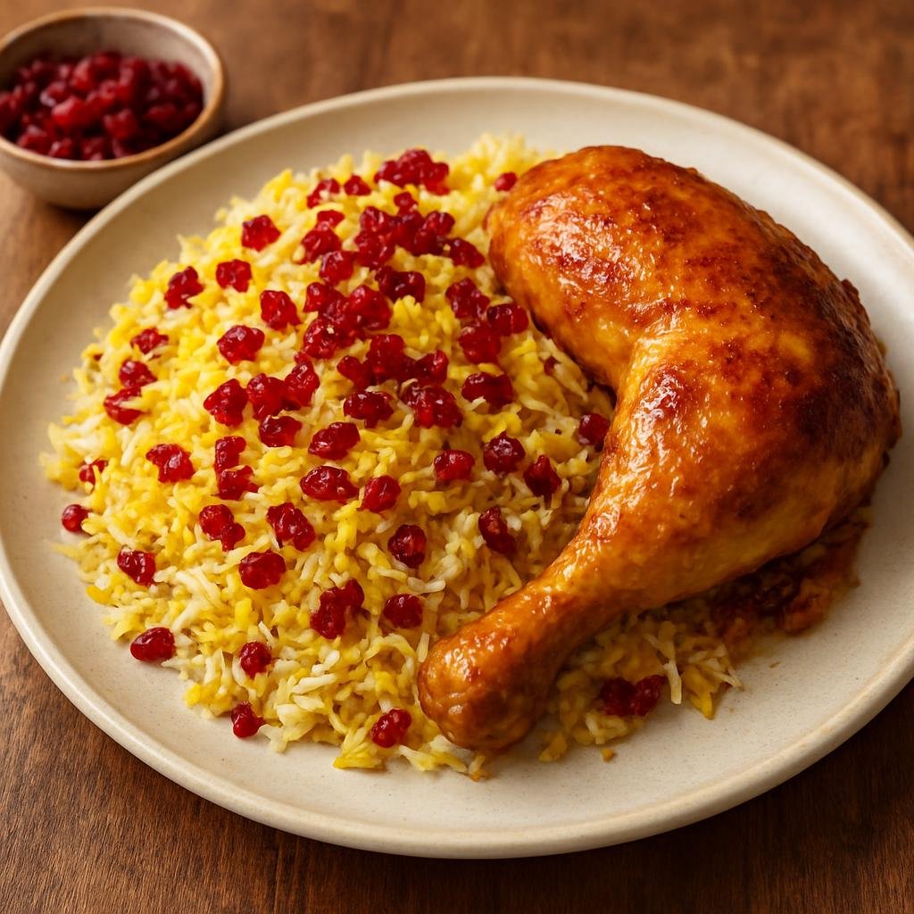 Entree: Iran – Mazandaran – زرشک پلو ➤ Zereshk Polo (Saffron rice studded with tart barberries and traditionally served with braised or roasted chicken) recipe