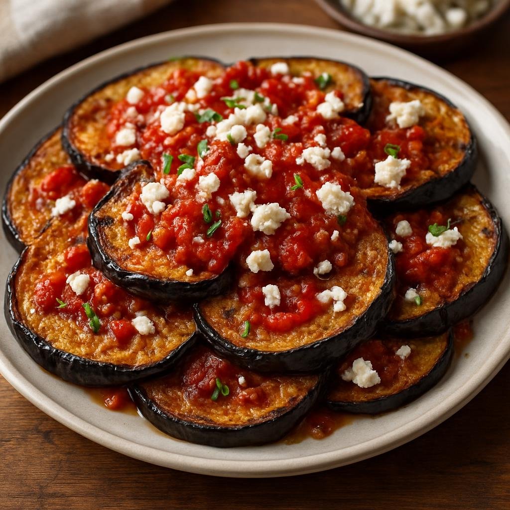 Entree: Greece – Macedonia / Northern Greece – Tiganites Melitzanes (Pan-fried eggplant slices served with a garlicky tomato sauce and crumbled feta as a warm main course) recipe
