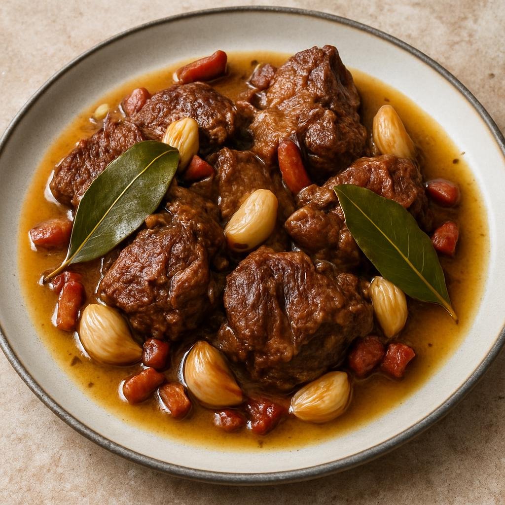 Entree: Portugal – Porto & North – Vitela Assada à Moda de Lafões (Lafões-style roasted veal braised with garlic, white wine, bay and smoked lardons) recipe