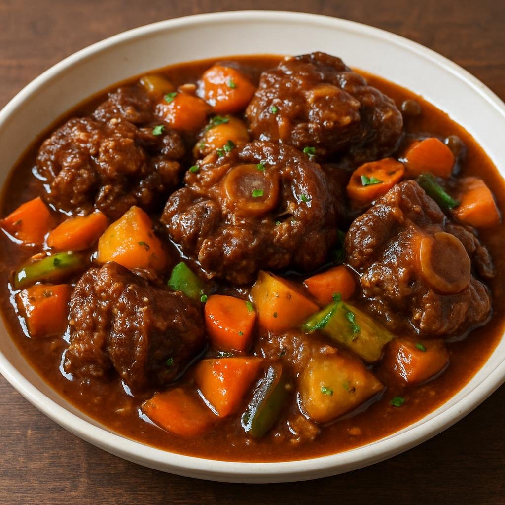 Entree: South Africa – Xhosa Cuisine – Umsila Wenkomo (Slow-braised Xhosa oxtail stew with vegetables) recipe