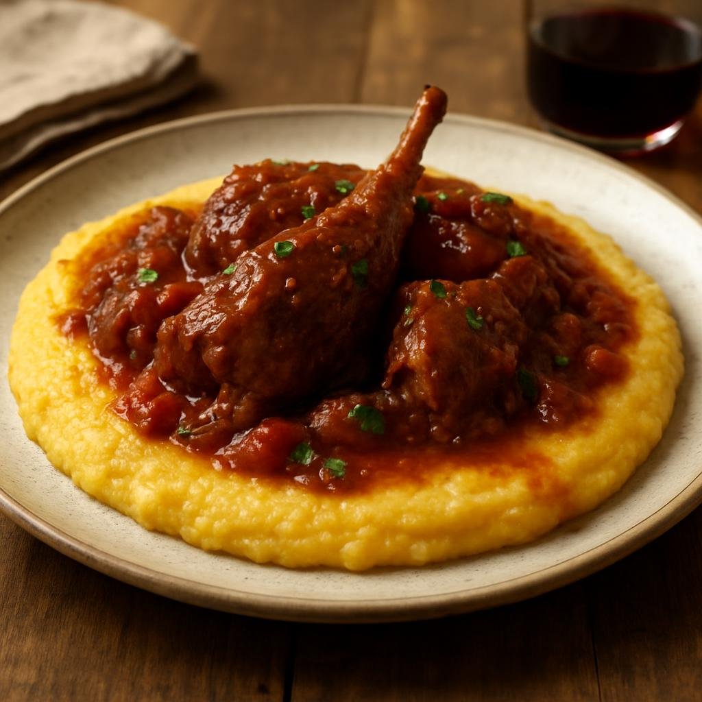 Entree: Italy – Friuli-Venezia Giulia – Polenta e Lepre (Slow-braised hare stewed in wine and tomatoes, served over creamy polenta) recipe