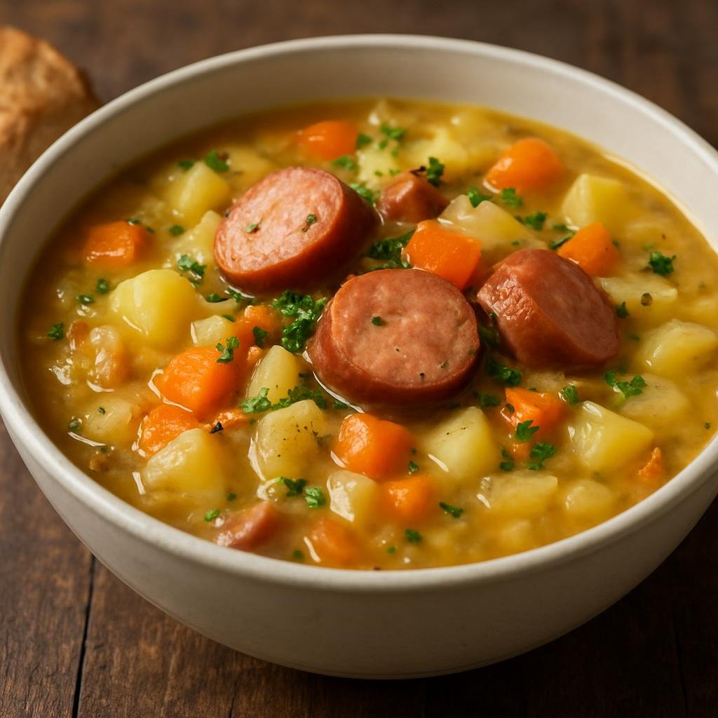Entree: Germany – Lower Saxony – Hannoversche Kartoffelsuppe (Hearty Hanover-style potato soup with root vegetables and smoked sausage) recipe