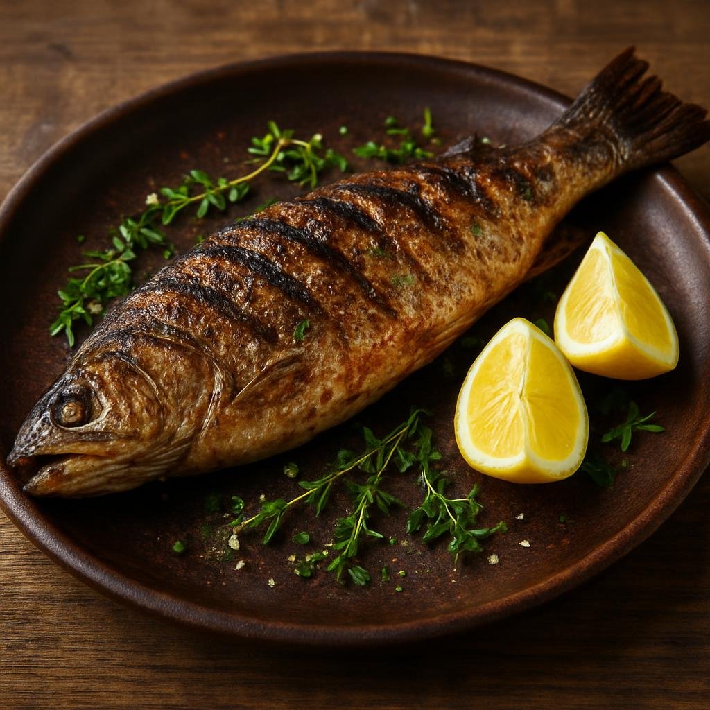Entree: Canada – Northern Canada – Grilled Lake Trout (Freshwater trout grilled over an open flame or plank, simply seasoned with lemon and herbs) recipe