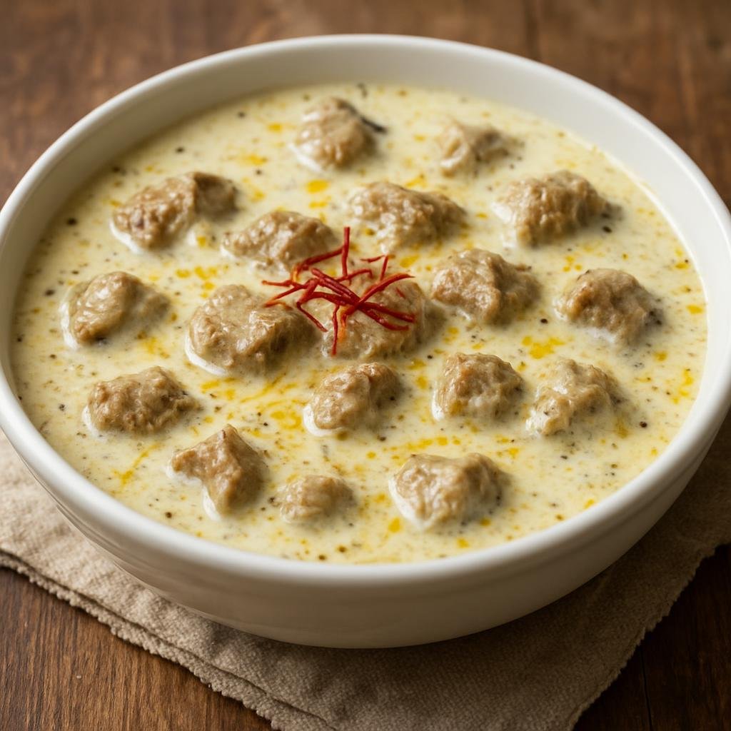 Entree: Iran – Mazandaran – Khoresht Mast (Creamy Persian yogurt stew of lamb scented with saffron and lightly sweetened) recipe