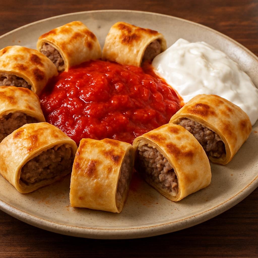 Entree: Turkey – Istanbul – Beyti Kebab (Grilled seasoned ground meat skewers wrapped in flatbread and served with tomato sauce and yogurt) recipe