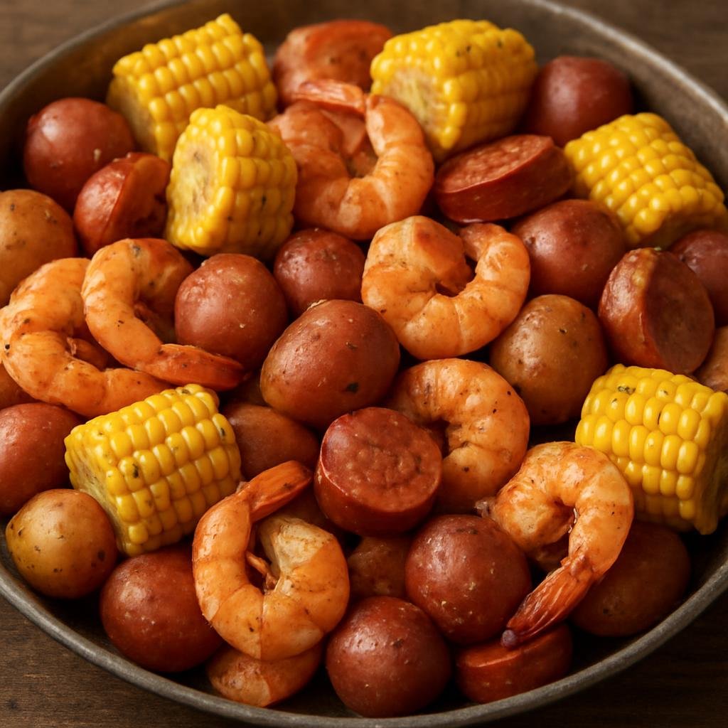 Entree: United States – Carolinas Lowcountry – Lowcountry Boil (Communal seafood and sausage boil of shrimp, potatoes, and corn cooked in seasoned broth) recipe