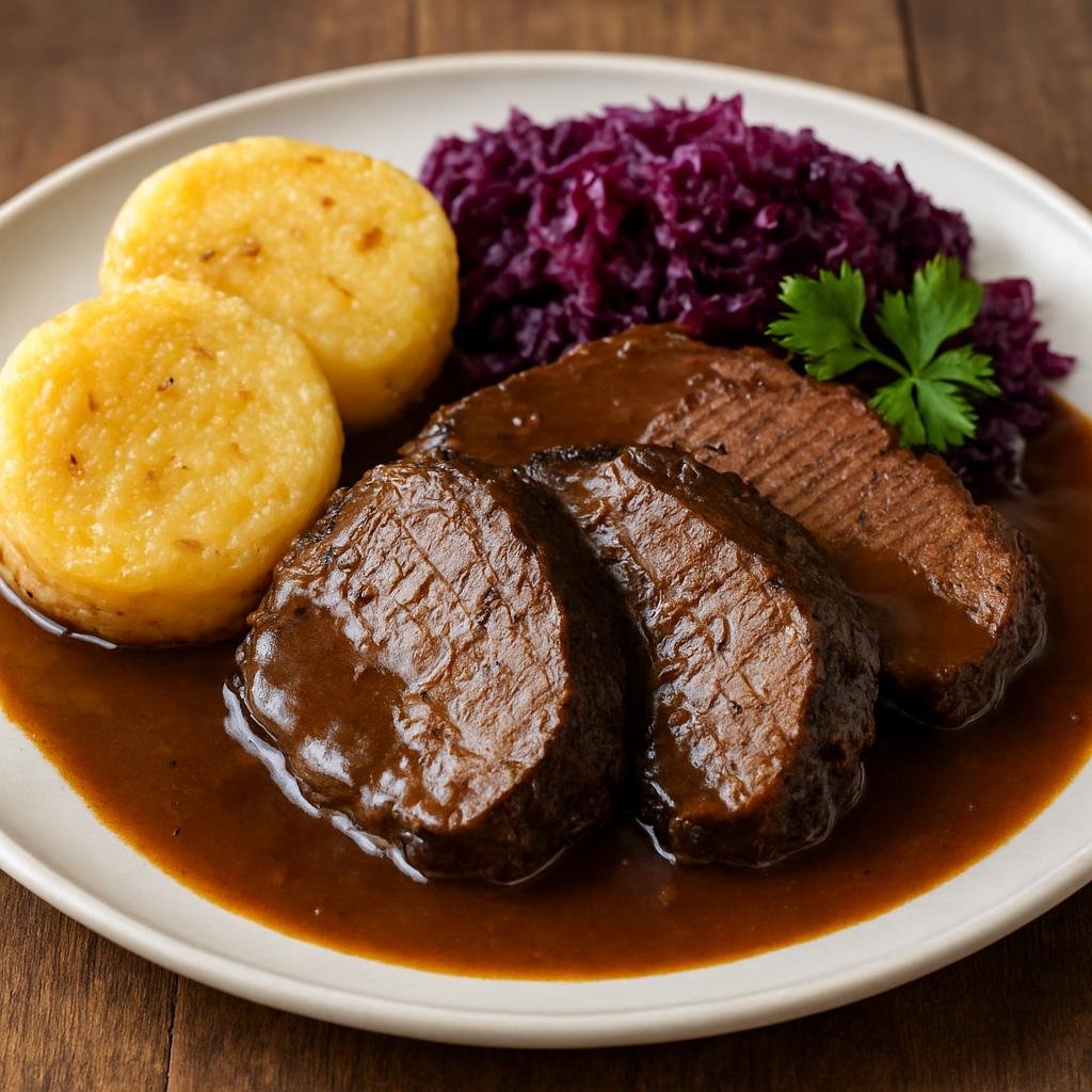 Entree: Germany – Rhineland – Sauerbraten (Marinated and slow-braised beef roast in a tangy spiced vinegar-wine sauce finished with a sweet-spiced gravy) recipe