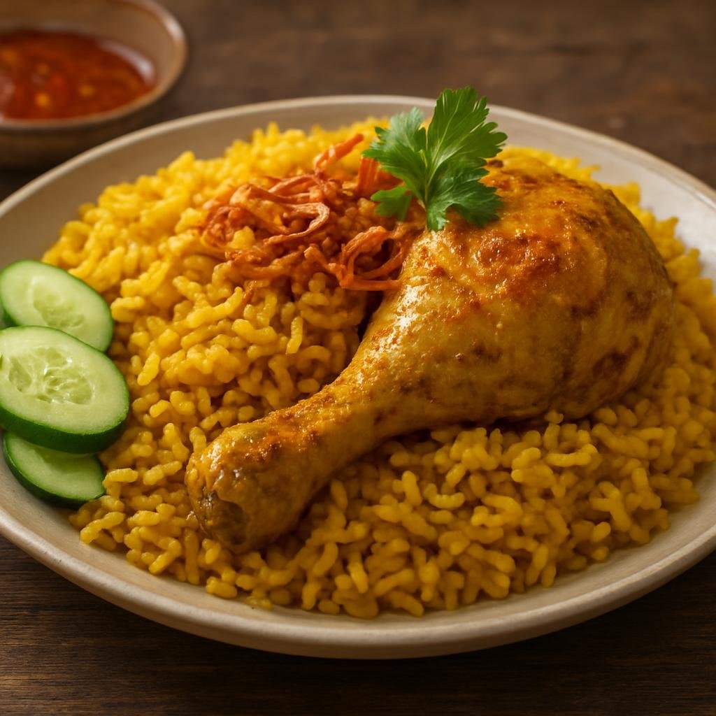 Entree: Thailand – Thai Muslim Cuisine – ข้าวหมกไก่ ➤ Khao Mok Gai (Thai Muslim-style spiced chicken cooked with fragrant turmeric rice) recipe