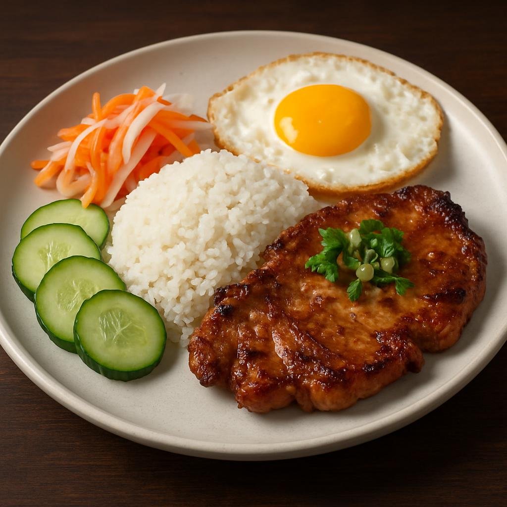 Entree: Vietnam – Southern Vietnam – Cơm Tấm (Broken-rice plate with grilled marinated pork, pickles, scallion oil and a fried egg) recipe
