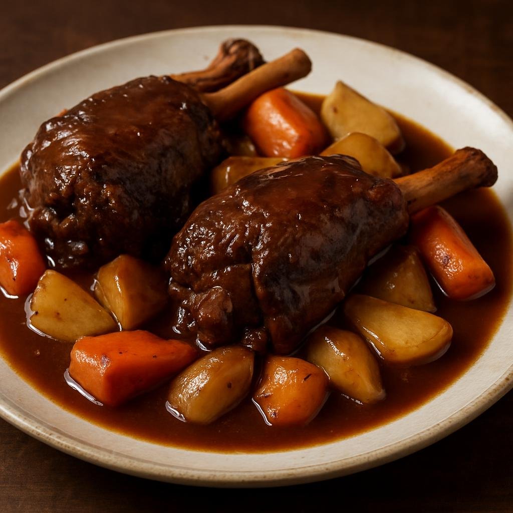 Entree: Australia – Tasmania – Wallaby Shanks (Slow-braised wallaby shanks in a rich red-wine and stock gravy with root vegetables) recipe