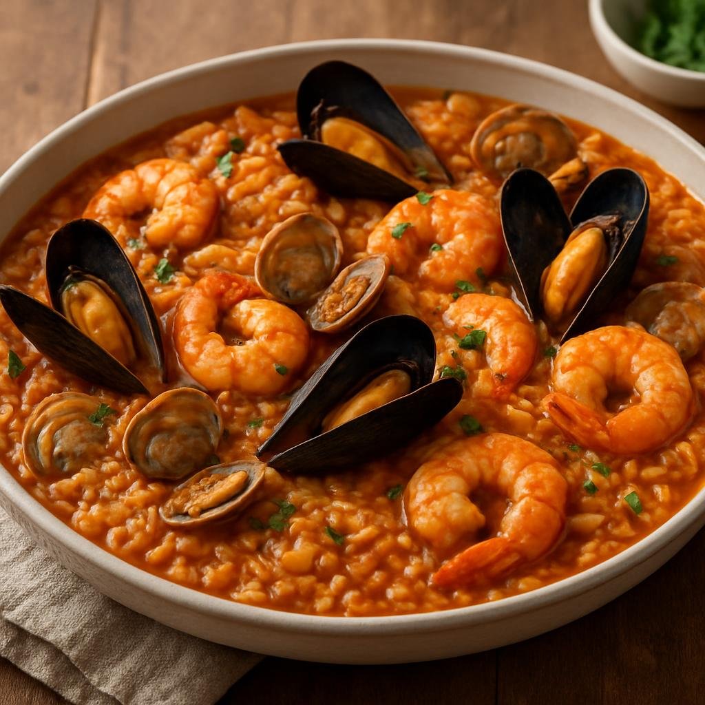Entree: Portugal – Portuguese Seafood Coast – Arroz de Marisco (Portuguese seafood rice with mixed shellfish in a tomato-saffron broth) recipe