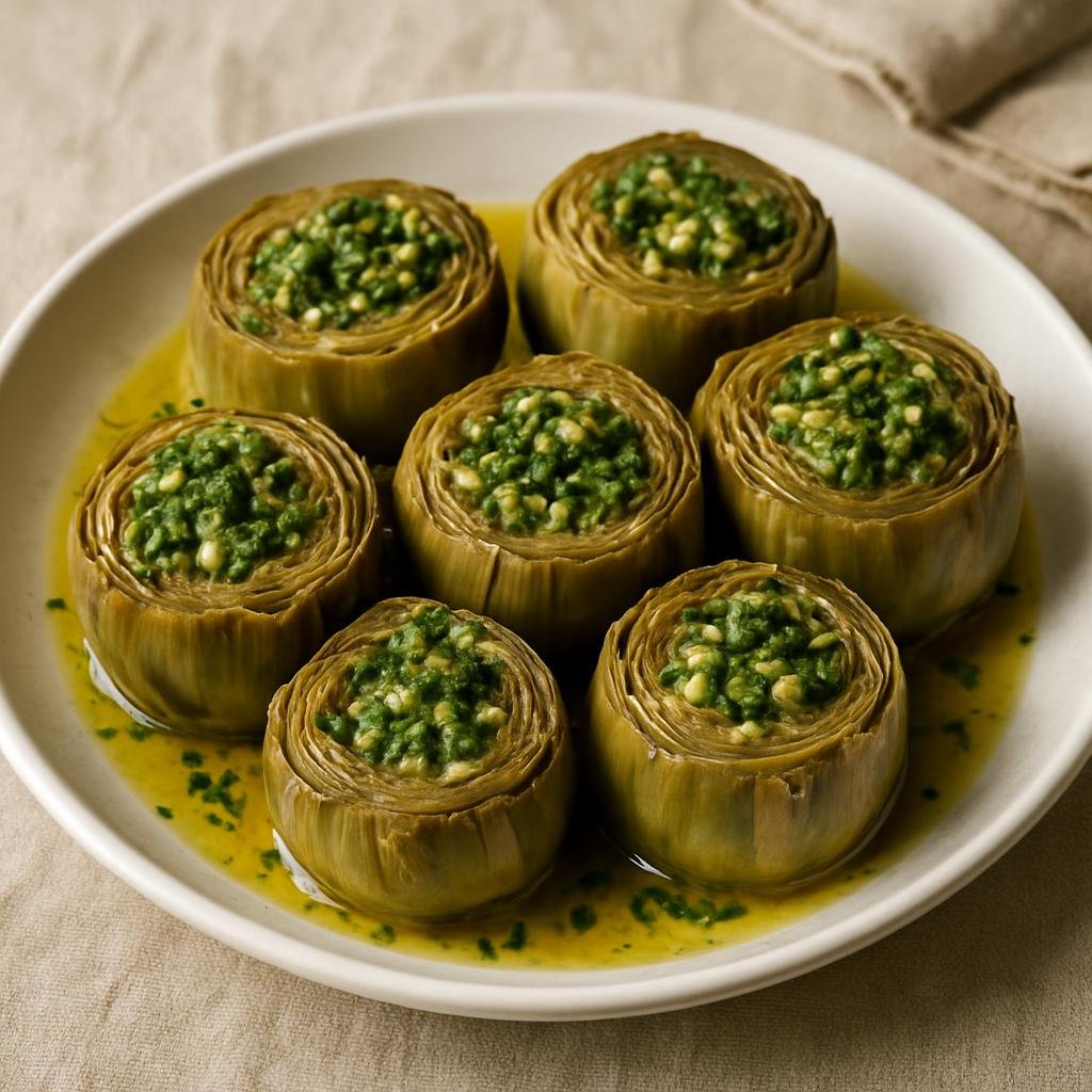 Entree: Italy – Lazio / Rome – Carciofi alla Romana (Roman-style braised artichokes stuffed with garlic, parsley, and mint) recipe