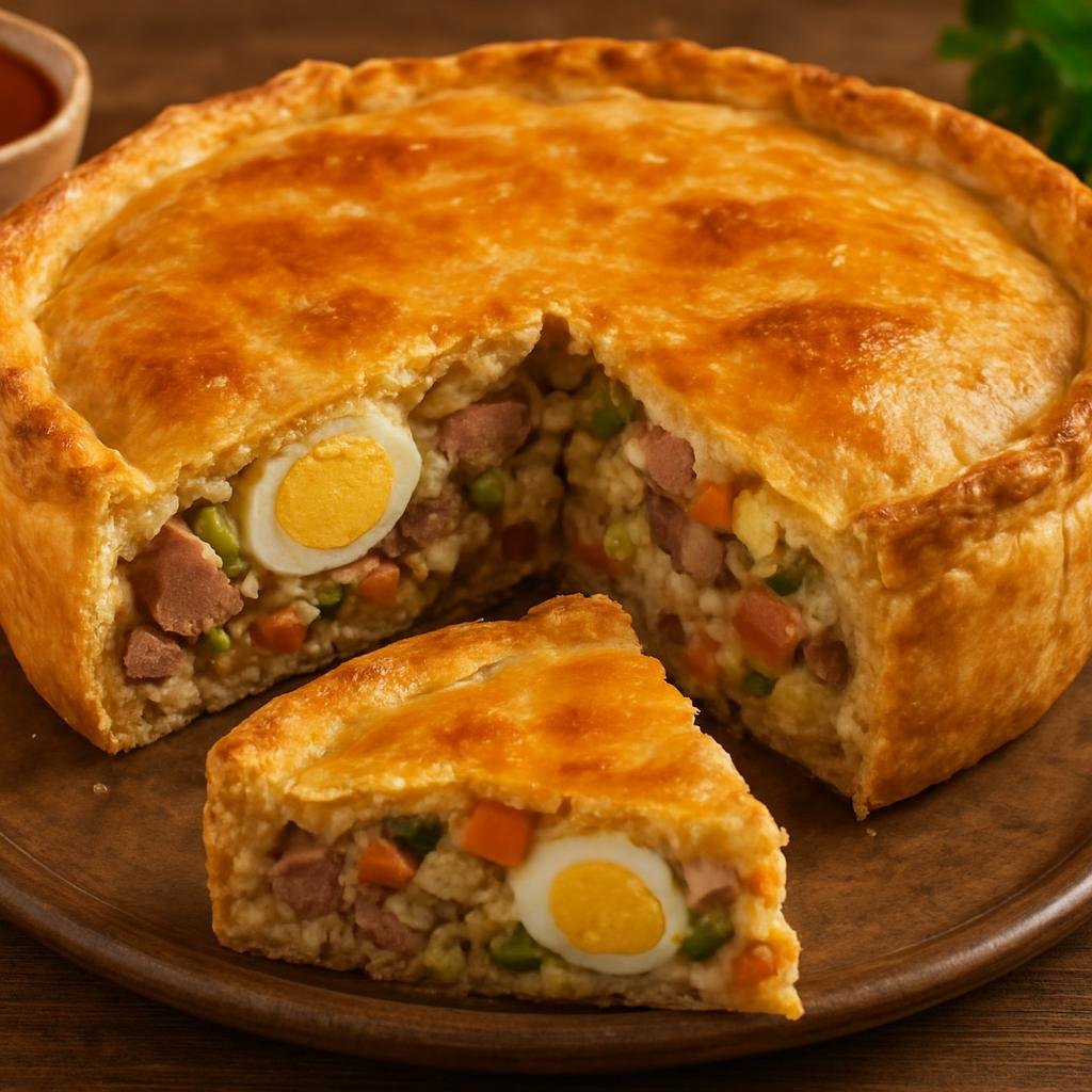 Entree: Brazil – Goias – Empadão Goiano (Hearty Goias-style savory baked pie of mixed meats, vegetables, eggs, and cheese) recipe